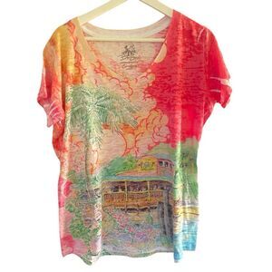 Bee Easy XL short sleeve shirts vneck pink green